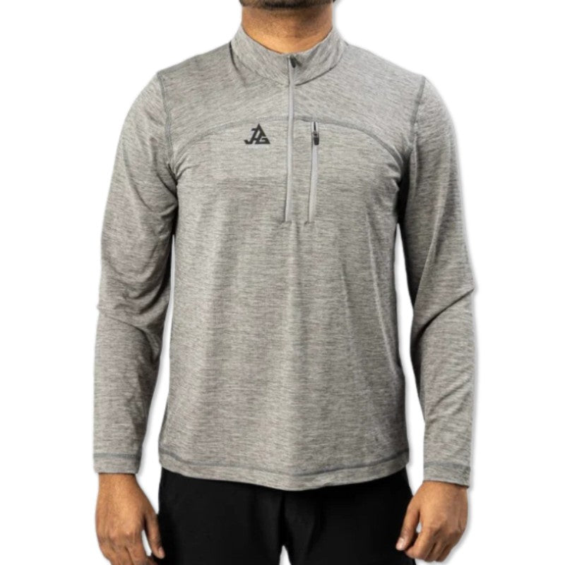 Gray JAG men's UPF 50+ Summit Seeker Series full-sleeve T-shirt displayed flat, showcasing its soft fabric and sun protection features.