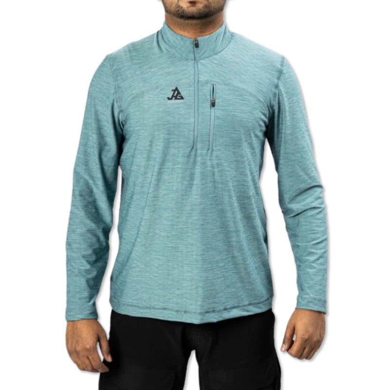 JAG men's UPF 50+ Summit Seeker Series teal full sleeve T-shirt, lightweight and sun protection, displayed on a hanger.