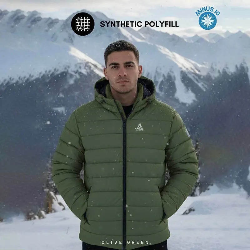 JAG Unisex Shivalik Series ultra-light polyfill jacket in olive green with heavy insulation, designed for extreme cold conditions.