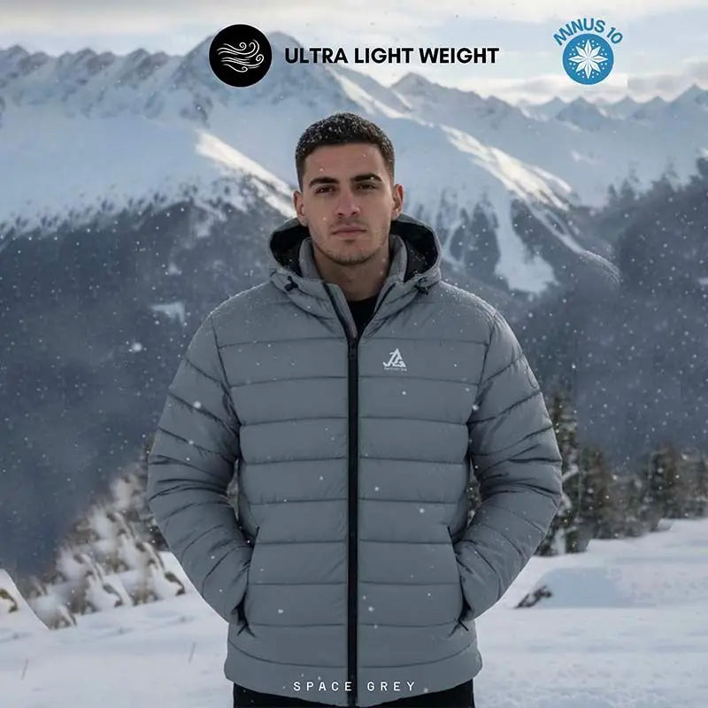 JAG Unisex Shivalik Series ultra-light polyfill jacket with heavy insulation, designed for extreme cold weather, shown in gray.