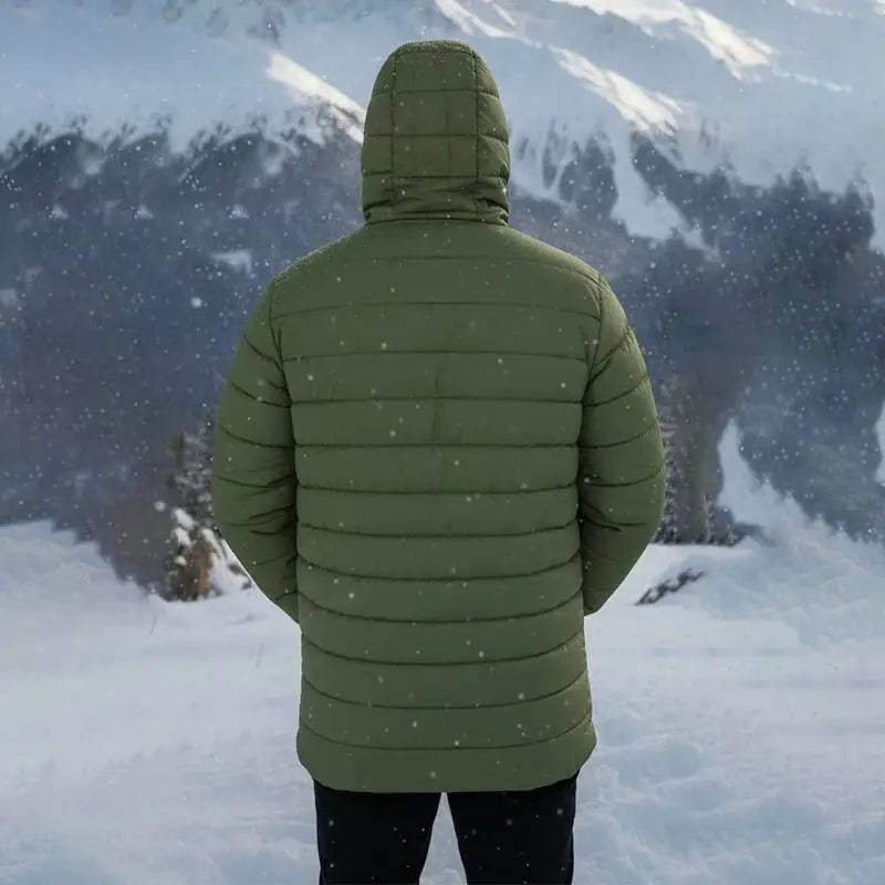 JAG Unisex Shivalik Series ultra-light polyfill jacket with heavy insulation, designed for extreme cold weather, in olive green.