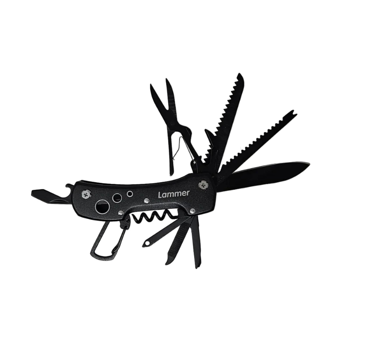 Multitool with various tools on a gray background