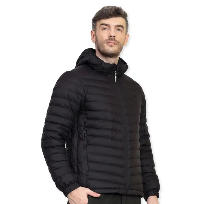 Lammer men's full sleeves down jacket with hood, featuring a sleek design and insulated warmth, suitable for cold weather.