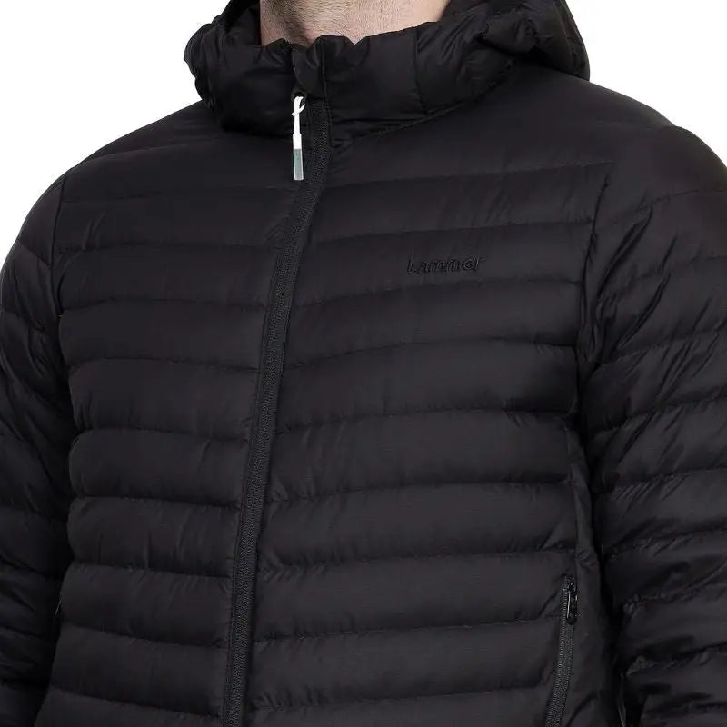 Lammer men's full sleeves down jacket with hood, featuring quilted design and zipper closure, ideal for cold weather.