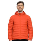 Lammer men's full sleeves down jacket with hood in vibrant orange, insulated for warmth and outdoor comfort.