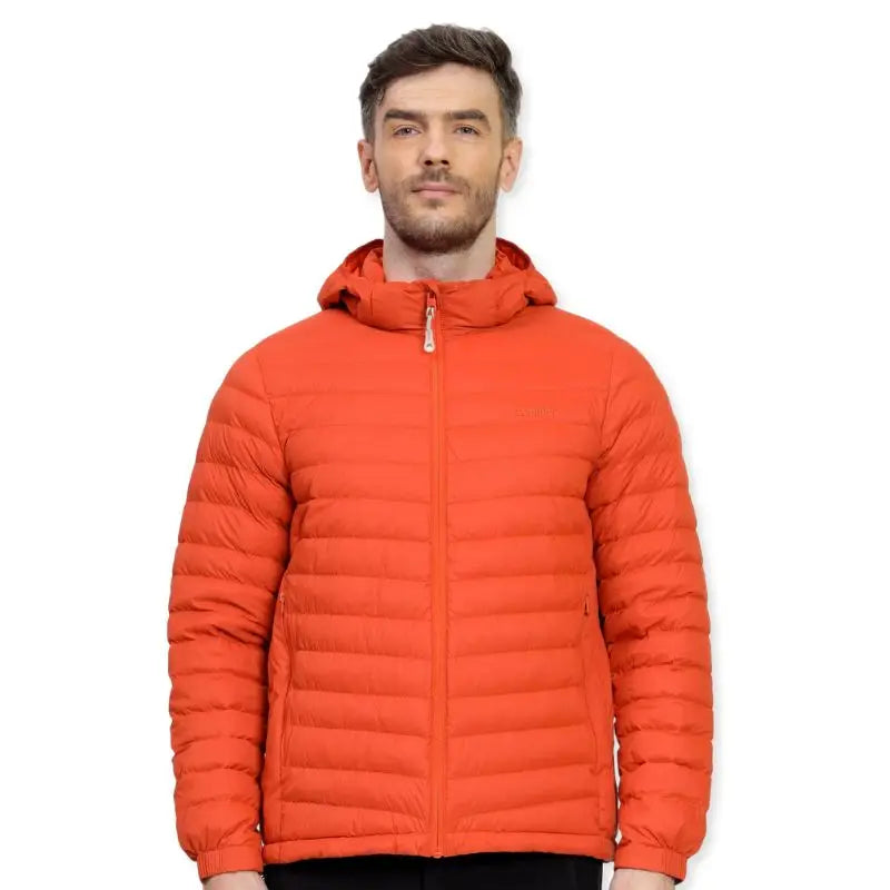 Lammer men's full sleeves down jacket with hood in vibrant orange, insulated for warmth and outdoor comfort.