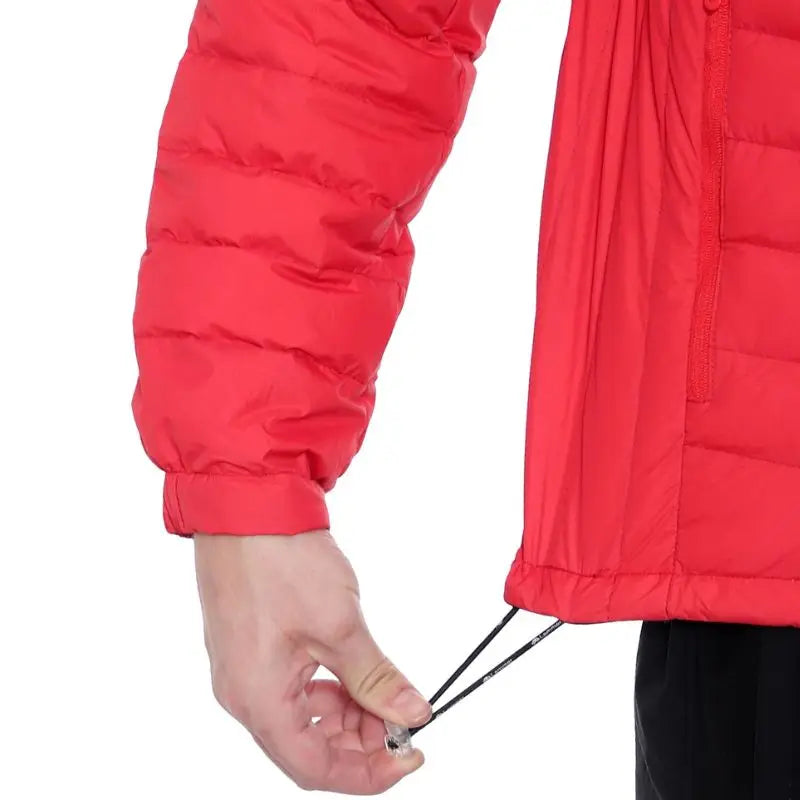 Red Lammer men's full sleeves down jacket with hood, showcasing a warm and insulated outerwear design.