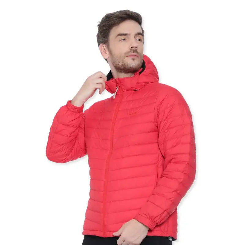 Lammer men's full sleeves down jacket with hood in vibrant red, featuring a puffy insulated design for warmth and style.