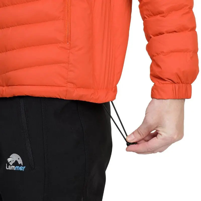 Lammer men's orange full sleeves down jacket with hood, lightweight and insulated for warmth and outdoor wear.