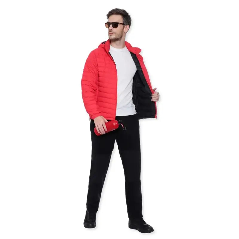 Lammer men's full sleeves down jacket with hood in red, featuring a quilted design and front zipper closure.