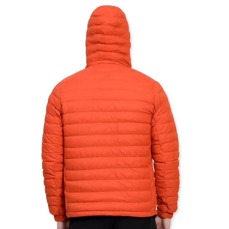 Lammer men's full sleeves down jacket with hood in vibrant orange, showcasing a warm, insulated winter jacket design.