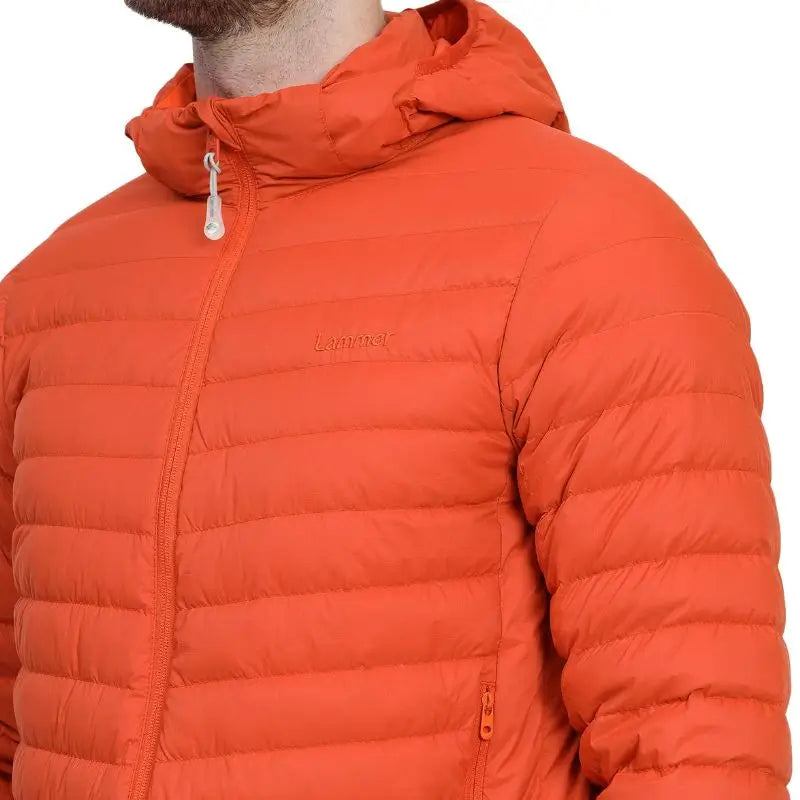 Lammer men's full sleeves down jacket with hood in orange, featuring a padded design and front zipper for warmth and style.