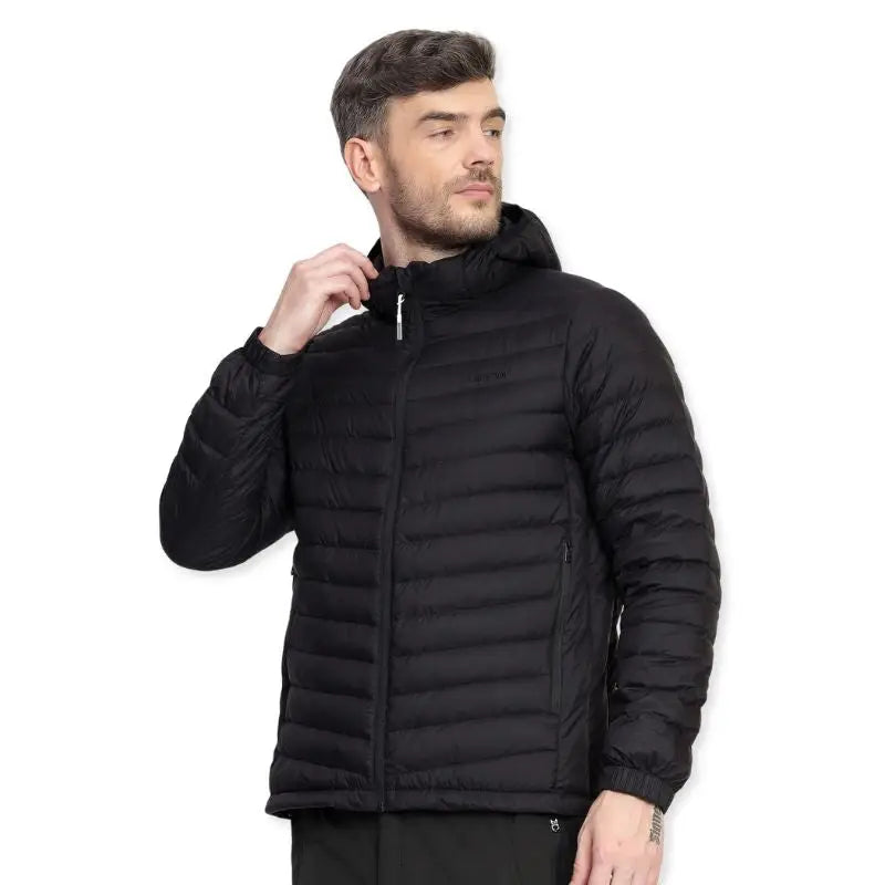 Lammer men's full sleeves down jacket with hood, black insulated jacket with front zipper and side pockets for warmth and comfort.