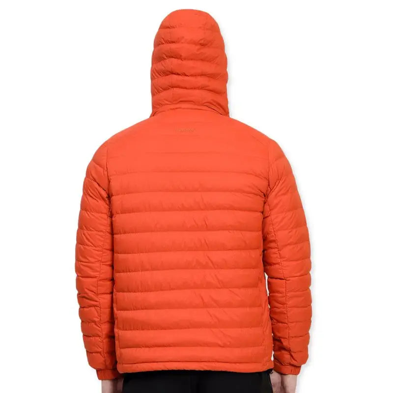 Lammer men's full sleeves down jacket with hood in orange, featuring quilted design and front zipper for warmth and style.