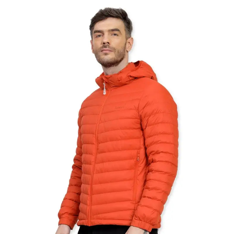 Lammer men's full sleeves down jacket with hood in orange, featuring a quilted design and front zipper closure.