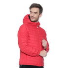 Red Lammer men's full sleeve down jacket with hood, showcasing its warm, insulated design and stylish fit.