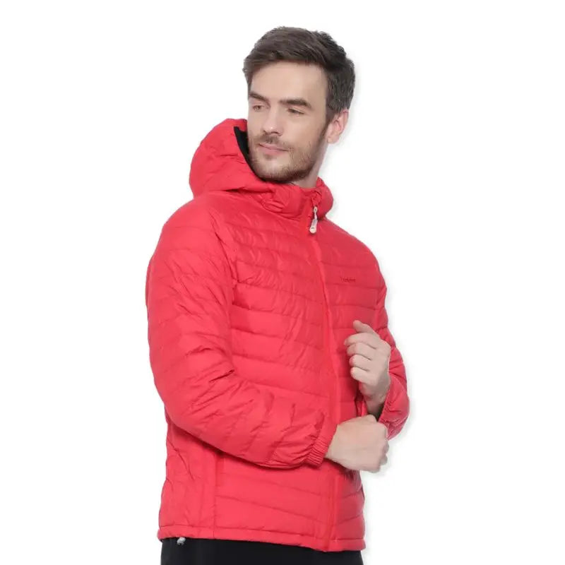 Red Lammer men's full sleeve down jacket with hood, showcasing its warm, insulated design and stylish fit.