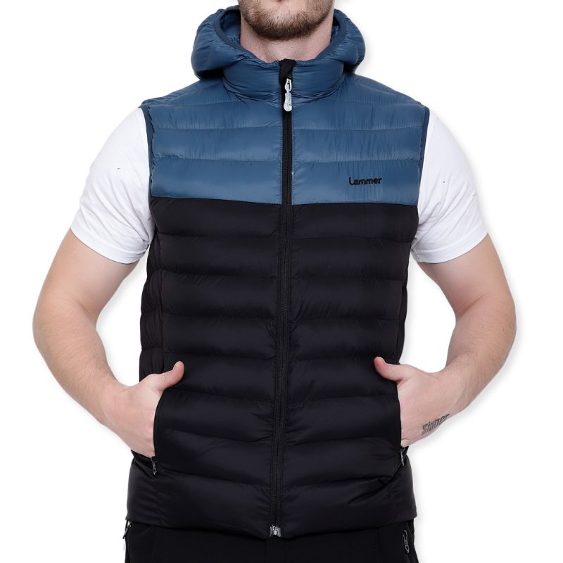 Lammer men's silicon vest jacket in black and blue, lightweight with a smooth finish and full front zipper.