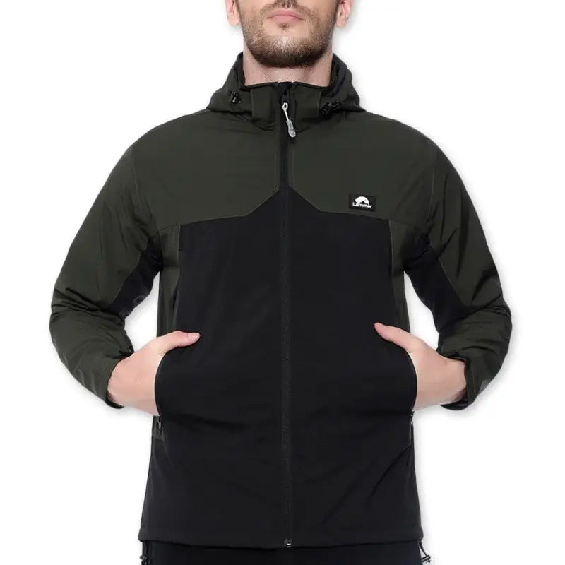 Lammer men's soft shell wind jacket with detachable hood in green and black, featuring a sleek design and lightweight fabric.