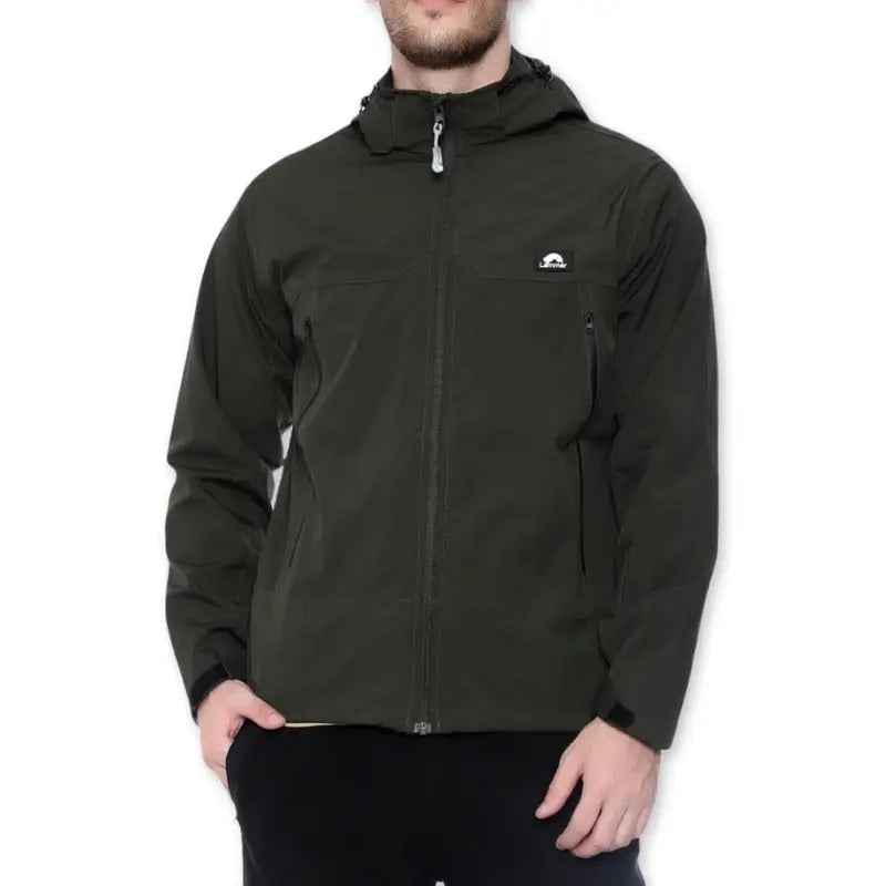 Lammer men's soft shell wind jacket with a detachable hood in green, featuring a sleek design and zippered pockets.