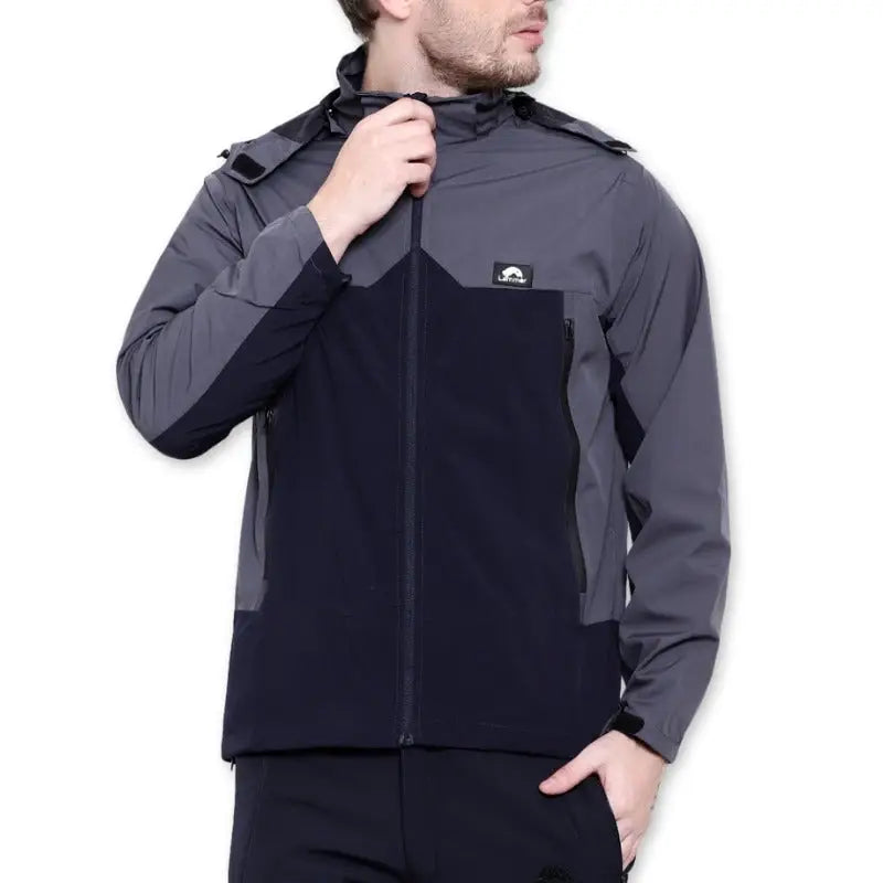 Lammer men's soft shell wind jacket with detachable hood in gray navy, lightweight and weather-resistant outdoor apparel.