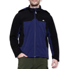 Lammer men's soft shell fleece hood jacket in black with blue accents, shown on a hanger.