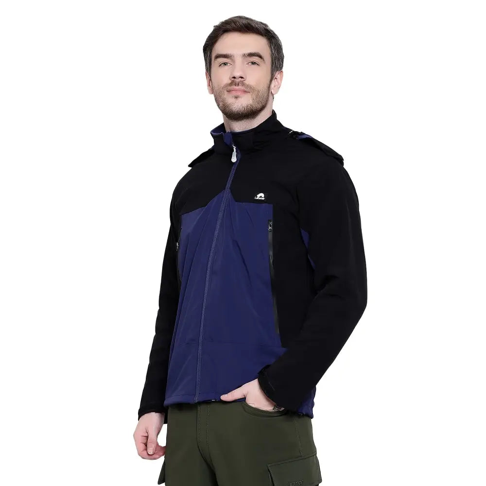 Lammer men's soft shell fleece hood jacket in black with blue accents, featuring a front zipper and adjustable hood.
