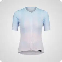 Light blue gradient short-sleeved cycling jersey with a subtle textured pattern and a sleek, form-fitting design.