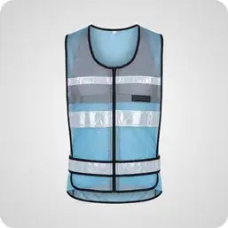 Light blue reflective safety vest with silver horizontal stripes and black trim.