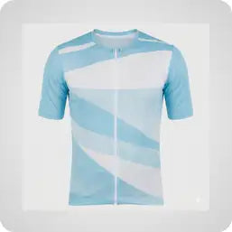 Light blue and white geometric-patterned cycling jersey with short sleeves.