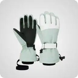 Light green and black ski gloves with adjustable wrist straps.