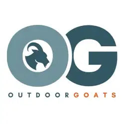 The logo features a stylized goat head silhouette within the letter ’o’ of the brand name “outdoor goats,” rendered in muted teal and dark gray tones.