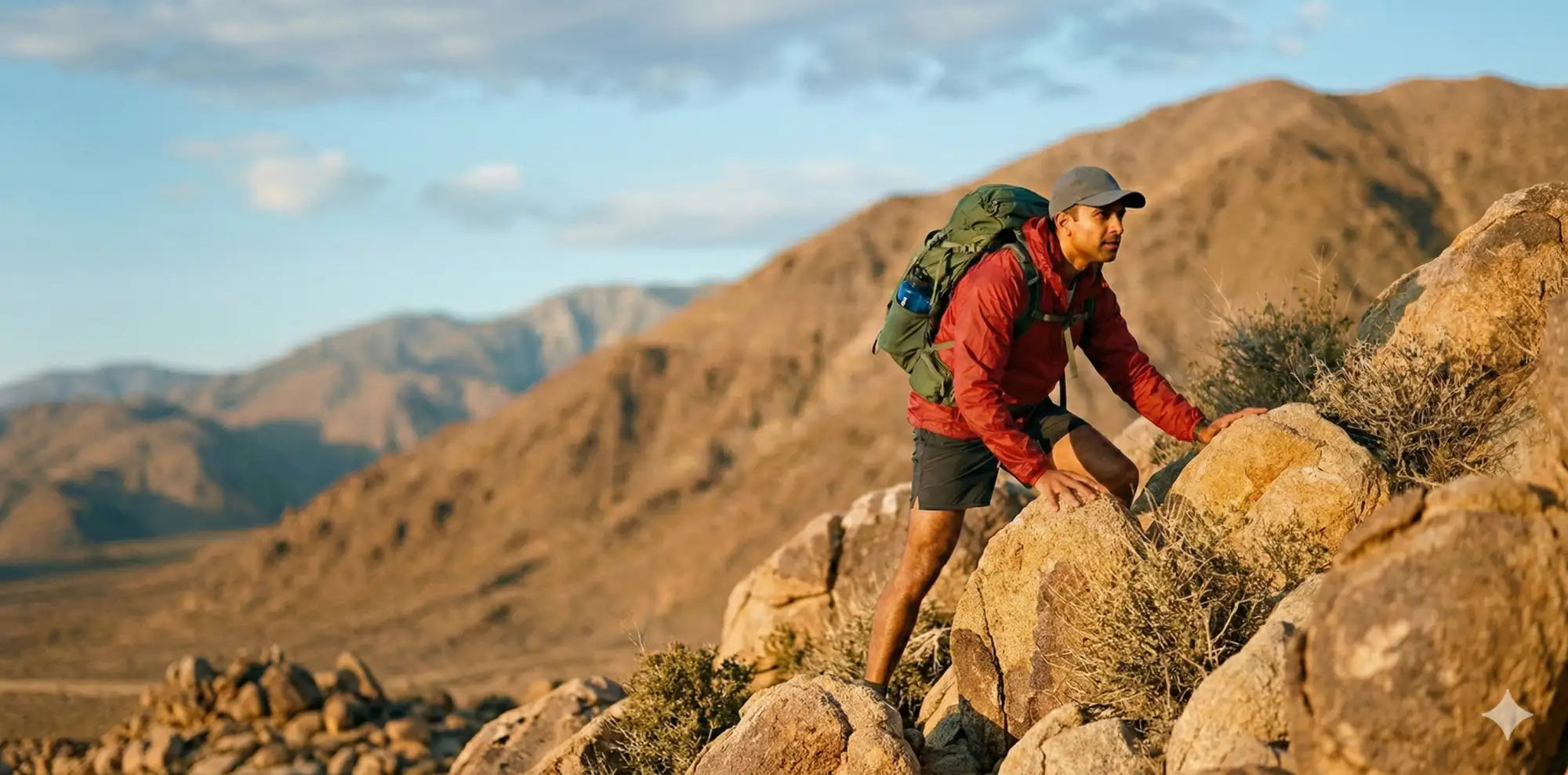 A man in a red jacket and gray cap hikes uphill, carrying a green backpack with blue accents over rugged terrain.
