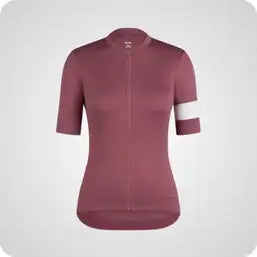 A maroon short-sleeved cycling jersey with a white stripe on the left sleeve and a zipper front.