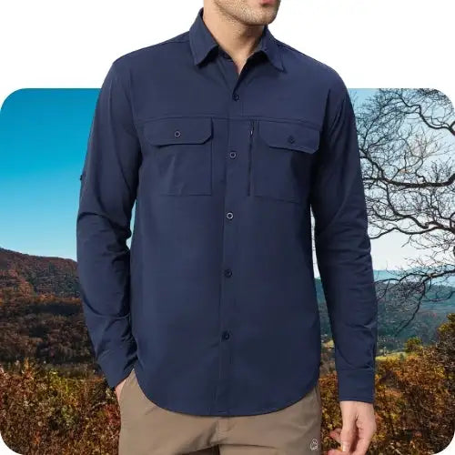 Navy blue long-sleeved button-up shirt with two chest pockets and a subtle textured fabric