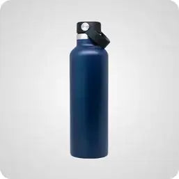 Navy blue stainless steel water bottle with black screw-on lid and carrying loop