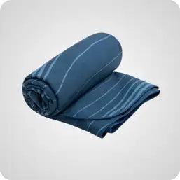 A navy blue towel with thin white stripes, rolled neatly and partially unrolled to show its soft fabric texture.