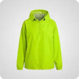 Neon green hooded jacket with a half-zip front and drawstring hood.