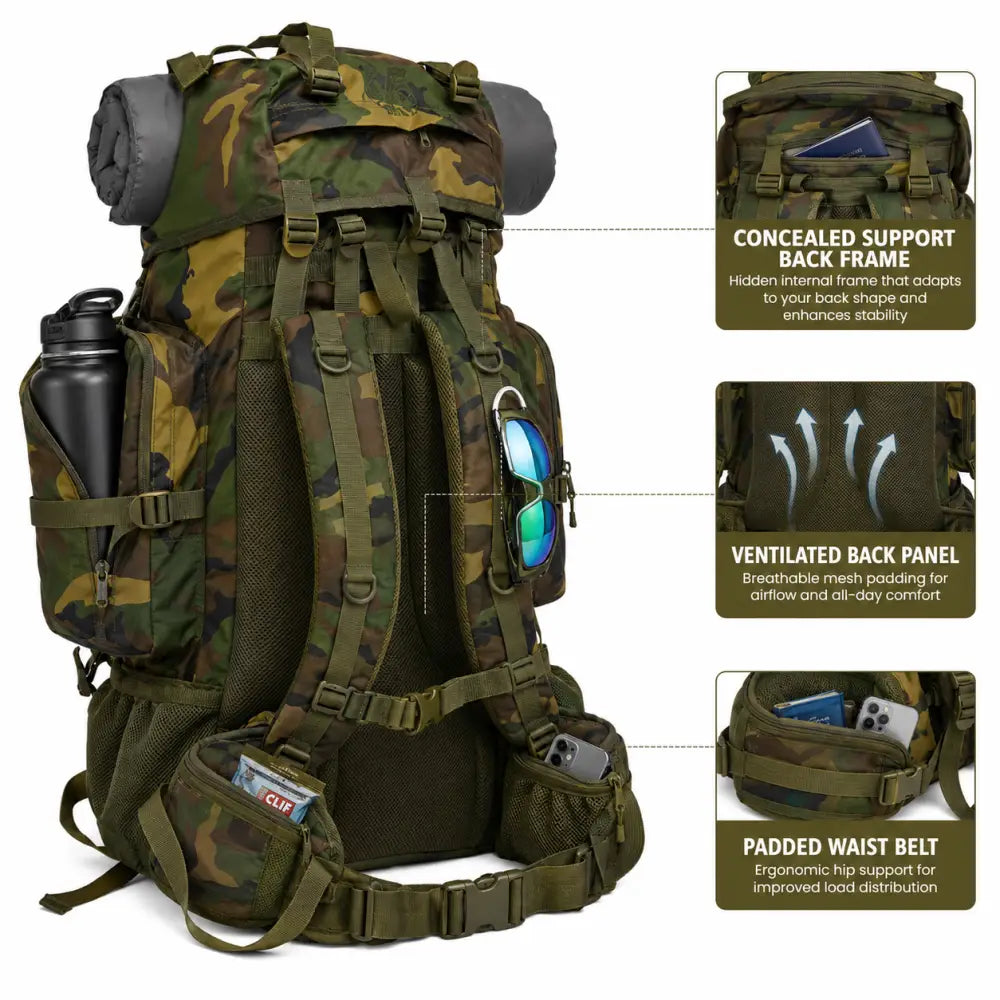 NLTW Adventure Camo Backpack 95 Litres Heavy-Duty Outdoor & Camping Rucksack - Woodland / 95 Litres - Rucksack