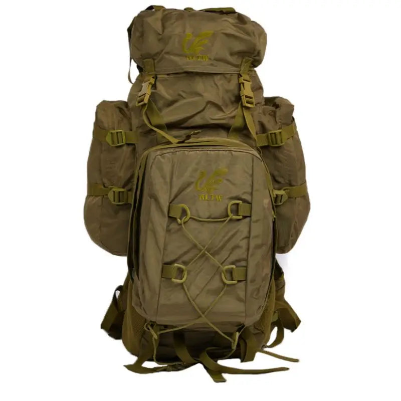 Green NLTW Adventure Travel 95-litre rucksack with multiple compartments, heavy-duty design, and adjustable straps.