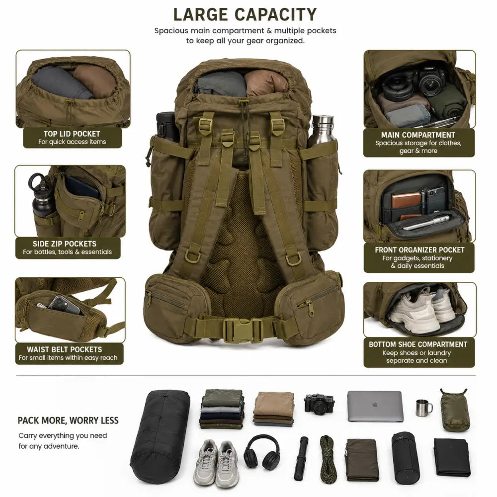 NLTW Adventure Travel 95 Litres Backpack Heavy-Duty Multi-Compartment Rucksack - Green / 95 Litres - Rucksack