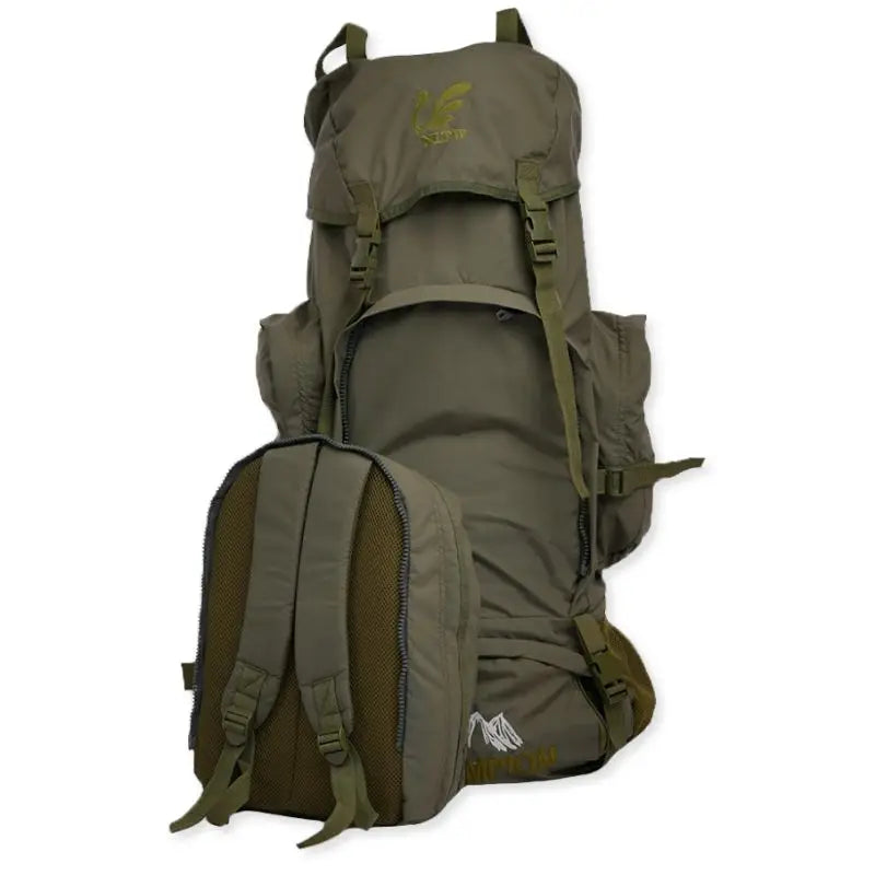 NLTW Compact Expedition 95L military-style outdoor rucksack with external utility pockets, green color, tactical design, and sturdy straps.