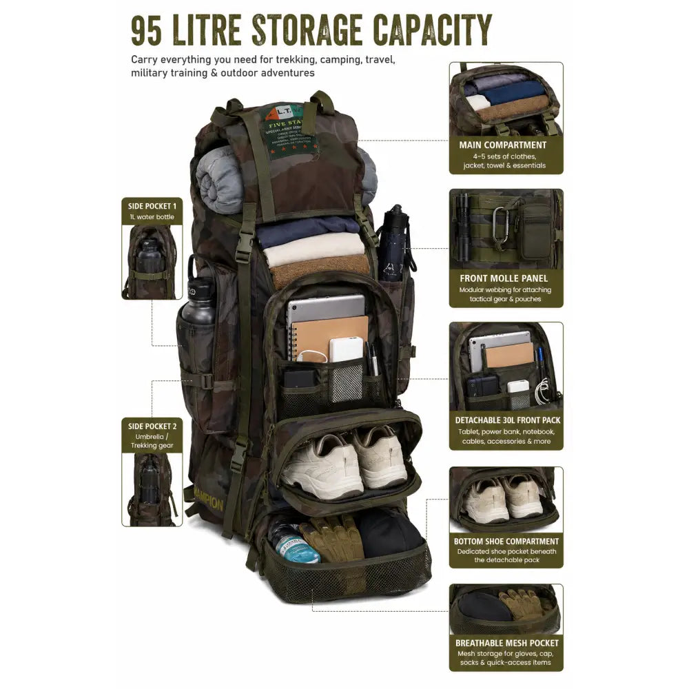 NLTW Load-Bearing 95 Litres Tactical Backpack Military-Style Outdoor Rucksack with Multiple Utility Pouches - UK PRINT