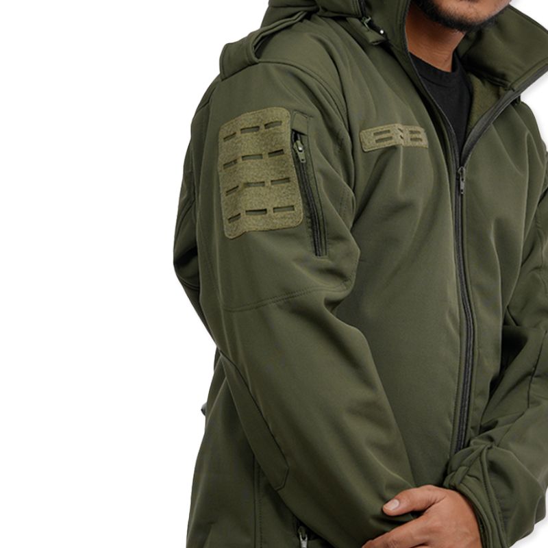Green NLTW men's combat tactical softshell jacket with windproof design, suitable for outdoor activities and tactical wear.