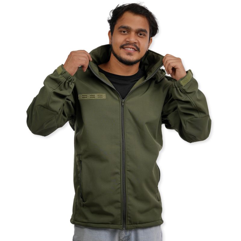 Green NLTW men's combat tactical softshell jacket with windproof design, suitable for outdoor activities and tactical wear.