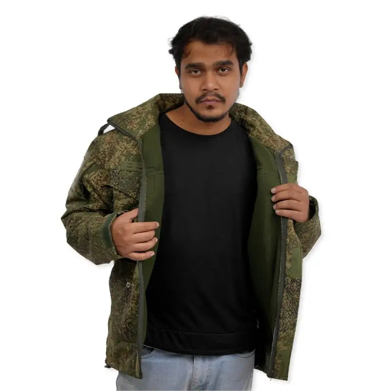 Men's military camo utility jacket by NLTW featuring multiple pockets and tactical outdoor design, shown in a front view.