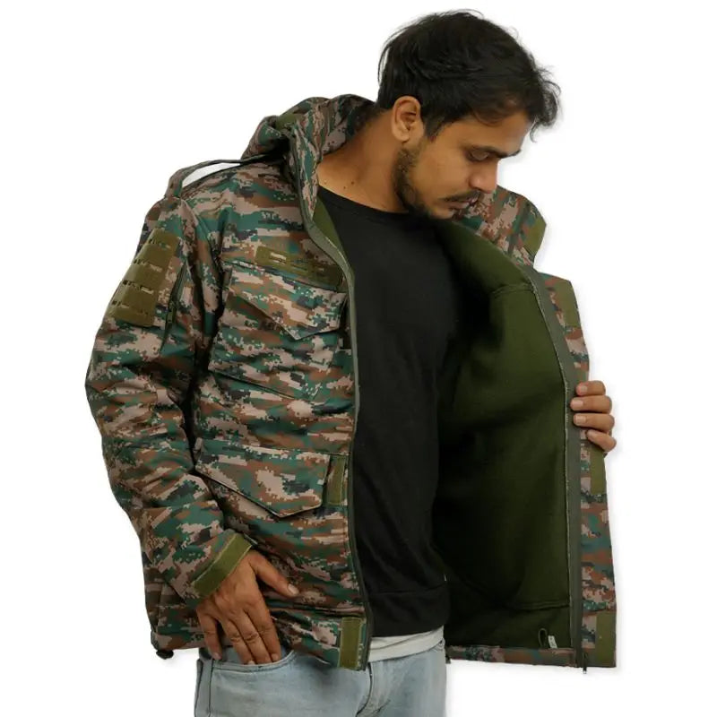 Men's military digital camo tactical jacket by NLTW, rugged outdoor wear with camouflage pattern and functional design.