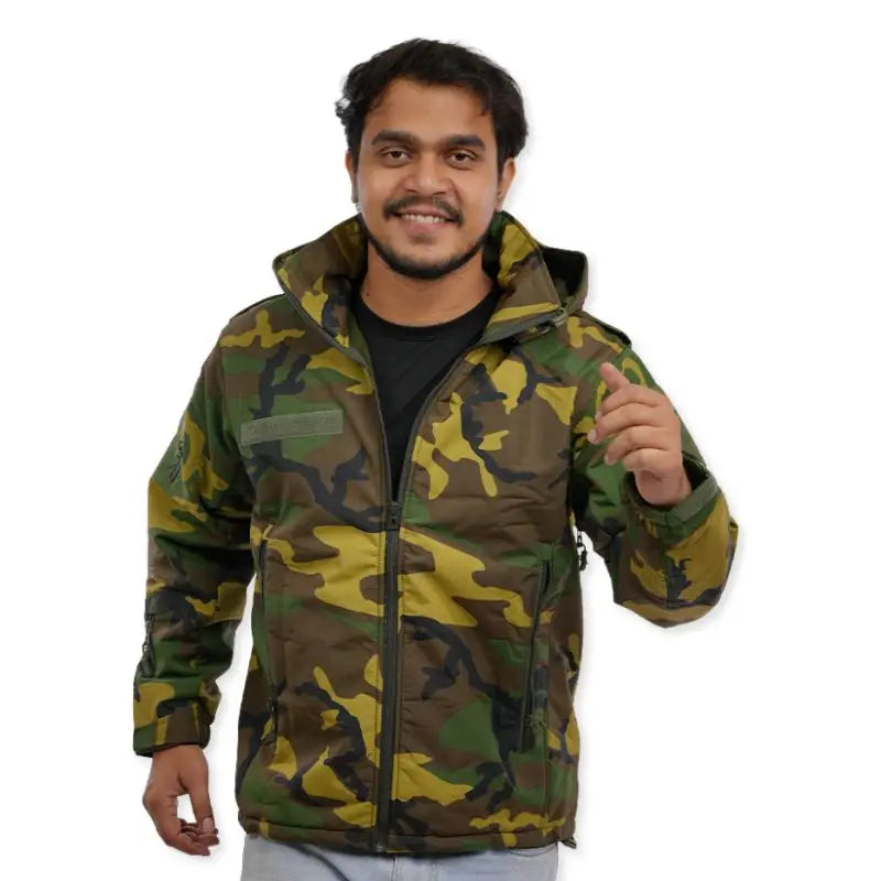 NLTW men's military woodland camo softshell jacket with multiple pockets, tactical outdoor wear, designed for rugged outdoor activities.