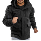NLTW men's tactical hooded softshell winter jacket in black, windproof design with a hood and durable fabric for cold weather.