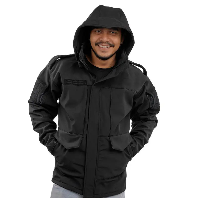 Black NLTW men's tactical softshell winter jacket with hood, windproof design, suitable for cold weather outdoor activities.